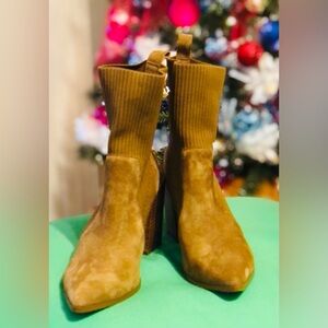 STEVE MADDEN “Teca” Stretch-knit and Suede Leather Booties w/ Block Heel